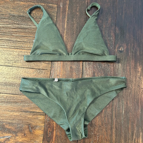 Aerie Olive Green Shine Ribbed Bikini Swim Bottoms - Picture 3 of 6